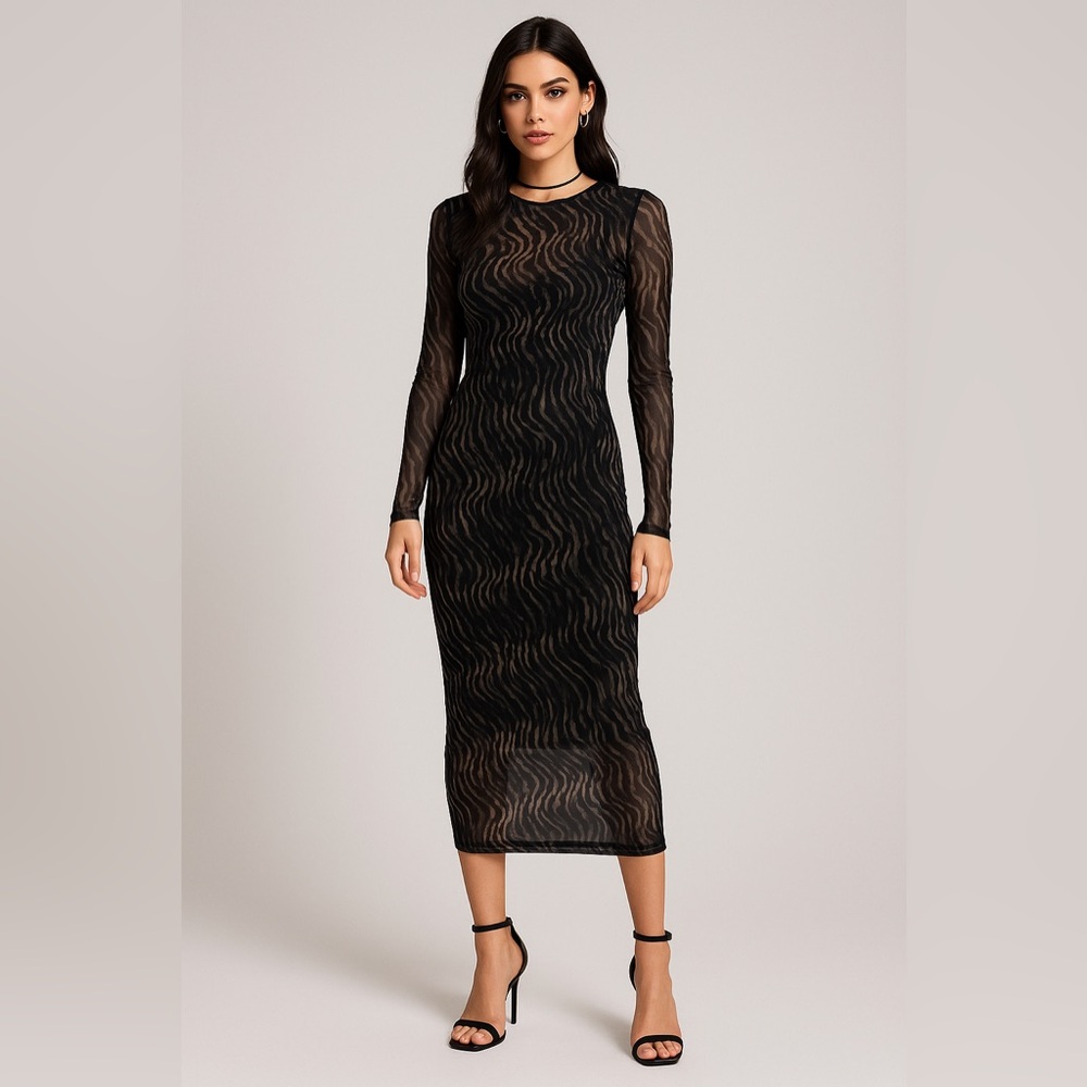 Emory Park Long Sleeve Mesh Midi Dress | Sheer Abstract Wave Print | NWT Bodycon